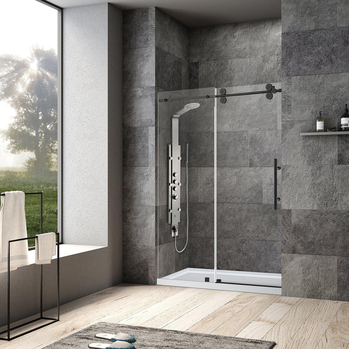 Vinnova Villena 56" x 78" Single Sliding Frameless Shower Door in Matte Black Finish