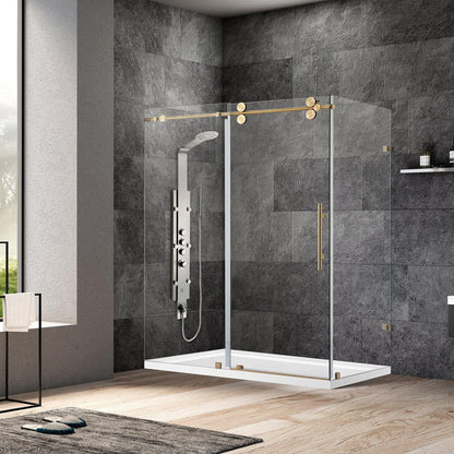 Vinnova Villena 64" x 78" Rectangle Single Sliding Frameless Shower Enclosure in Brushed Gold Finish