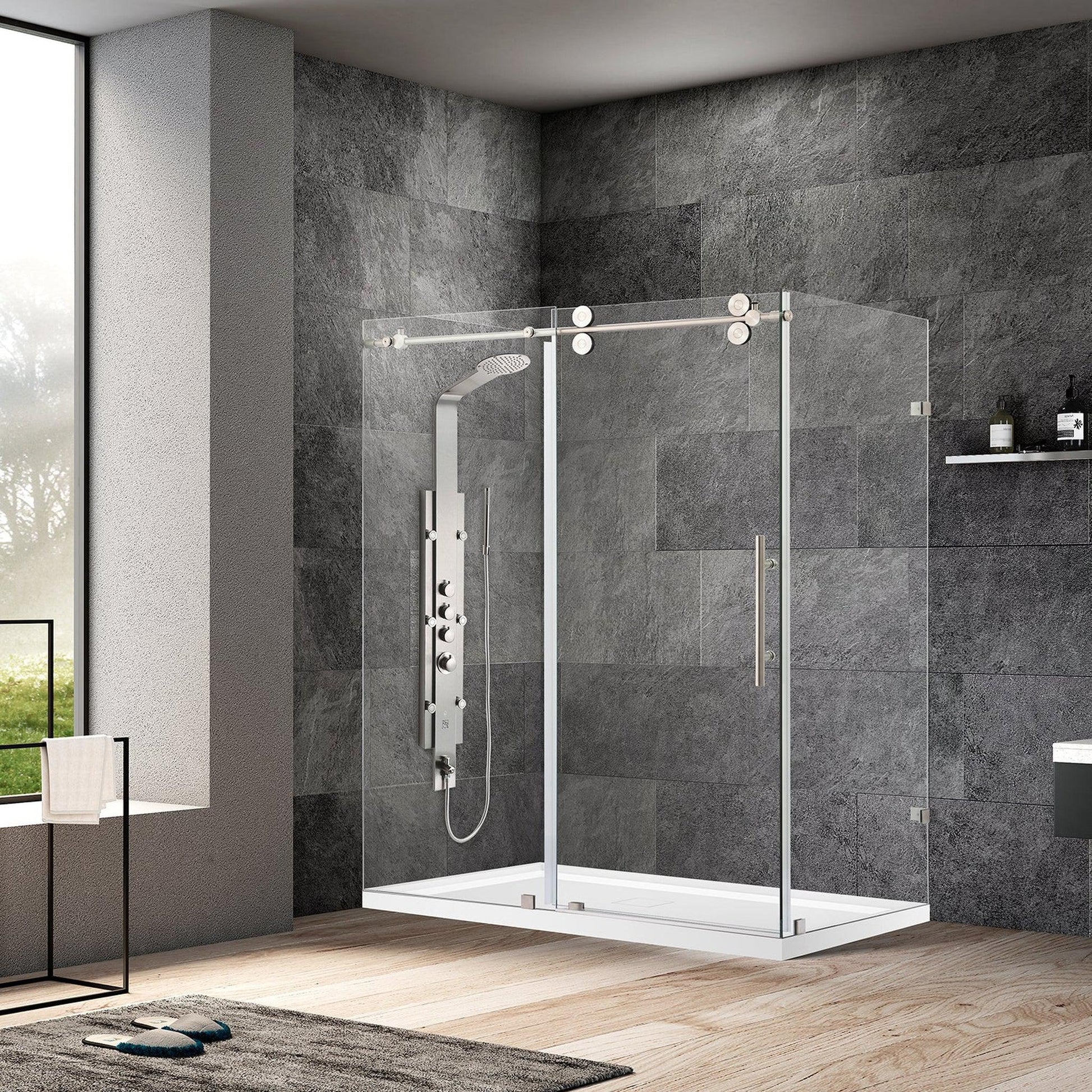 Vinnova Villena 64" x 78" Rectangle Single Sliding Frameless Shower Enclosure in Brushed Nickel Finish