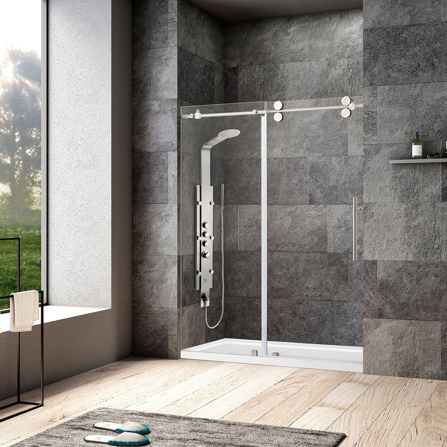 Vinnova Villena 64" x 78" Single Sliding Frameless Shower Door in Brushed Nickel Finish