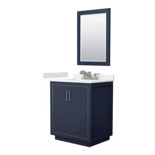 Wyndham Collection Icon 30" Single Bathroom Vanity in Dark Blue, Carrara Cultured Marble Countertop, Undermount Square Sink (3-Hole), Brushed Nickel Trim, 24" Mirror