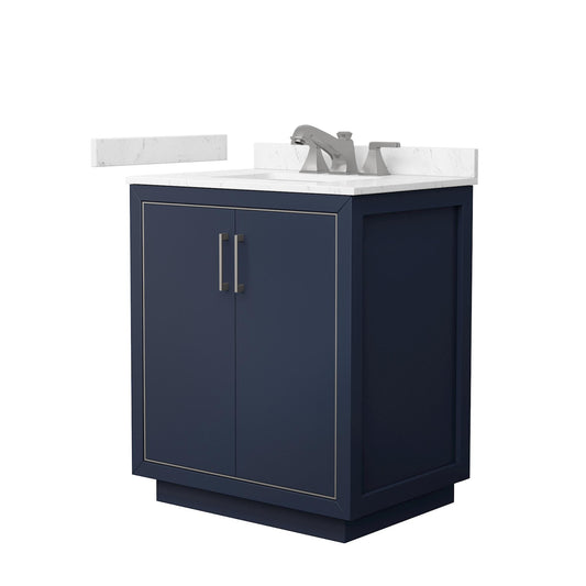 Wyndham Collection Icon 30" Single Bathroom Vanity in Dark Blue, Carrara Cultured Marble Countertop, Undermount Square Sink (3-Hole), Brushed Nickel Trim