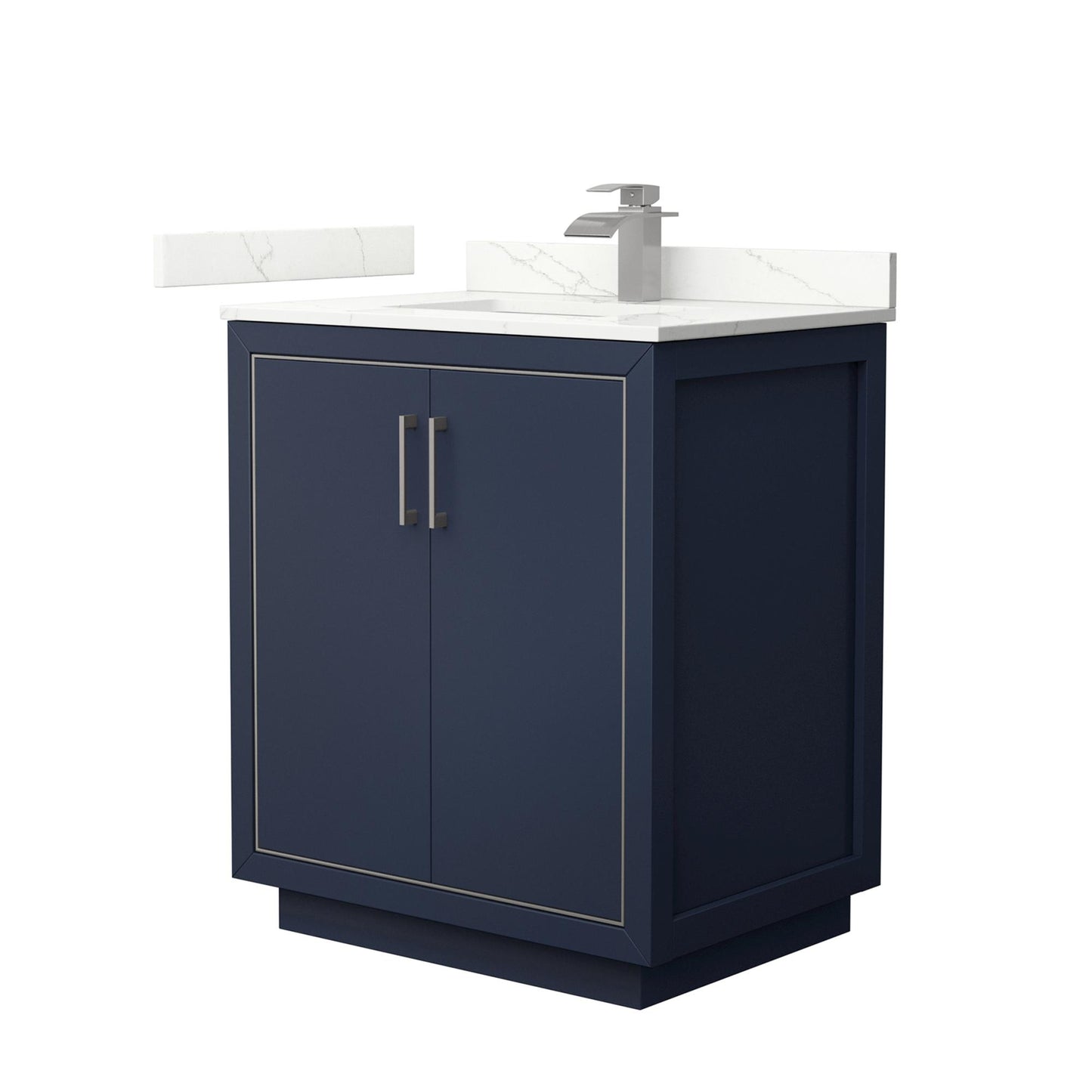 Wyndham Collection Icon 30" Single Bathroom Vanity in Dark Blue, Giotto Quartz Countertop, Undermount Square Sink (1-Hole), Brushed Nickel Trim