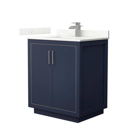 Wyndham Collection Icon 30" Single Bathroom Vanity in Dark Blue, Giotto Quartz Countertop, Undermount Square Sink (1-Hole), Brushed Nickel Trim