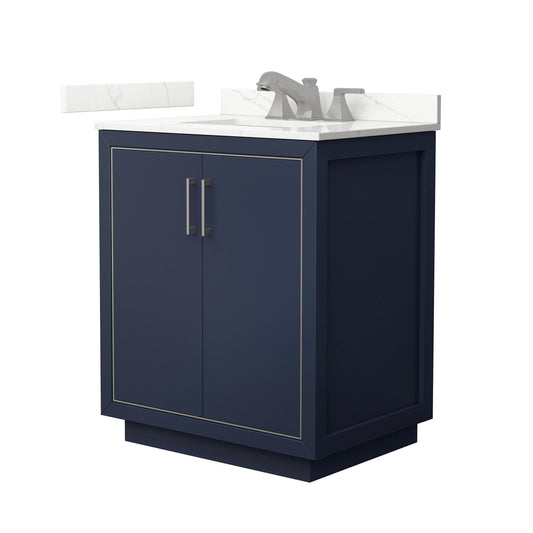 Wyndham Collection Icon 30" Single Bathroom Vanity in Dark Blue, Giotto Quartz Countertop, Undermount Square Sink (3-Hole), Brushed Nickel Trim