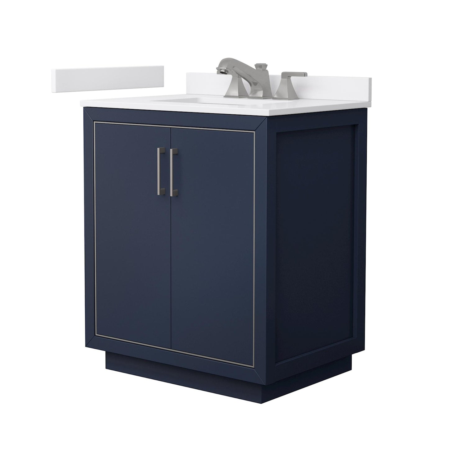 Wyndham Collection Icon 30" Single Bathroom Vanity in Dark Blue, White Cultured Marble Countertop, Undermount Square Sink (3-Hole), Brushed Nickel Trim