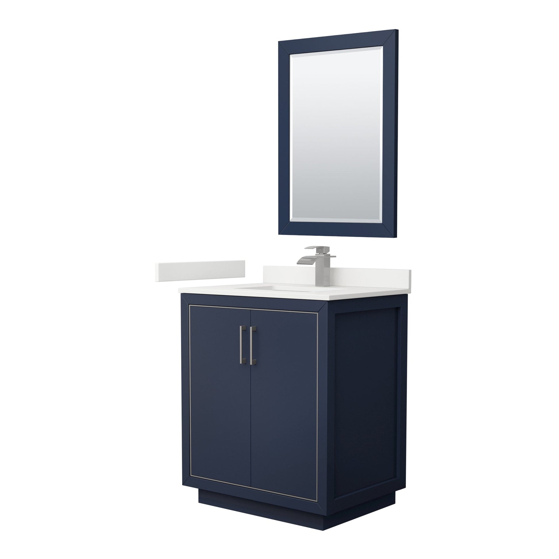 Wyndham Collection Icon 30" Single Bathroom Vanity in Dark Blue, White Quartz Countertop, Undermount Square Sink (1-Hole), Brushed Nickel Trim, 24" Mirror