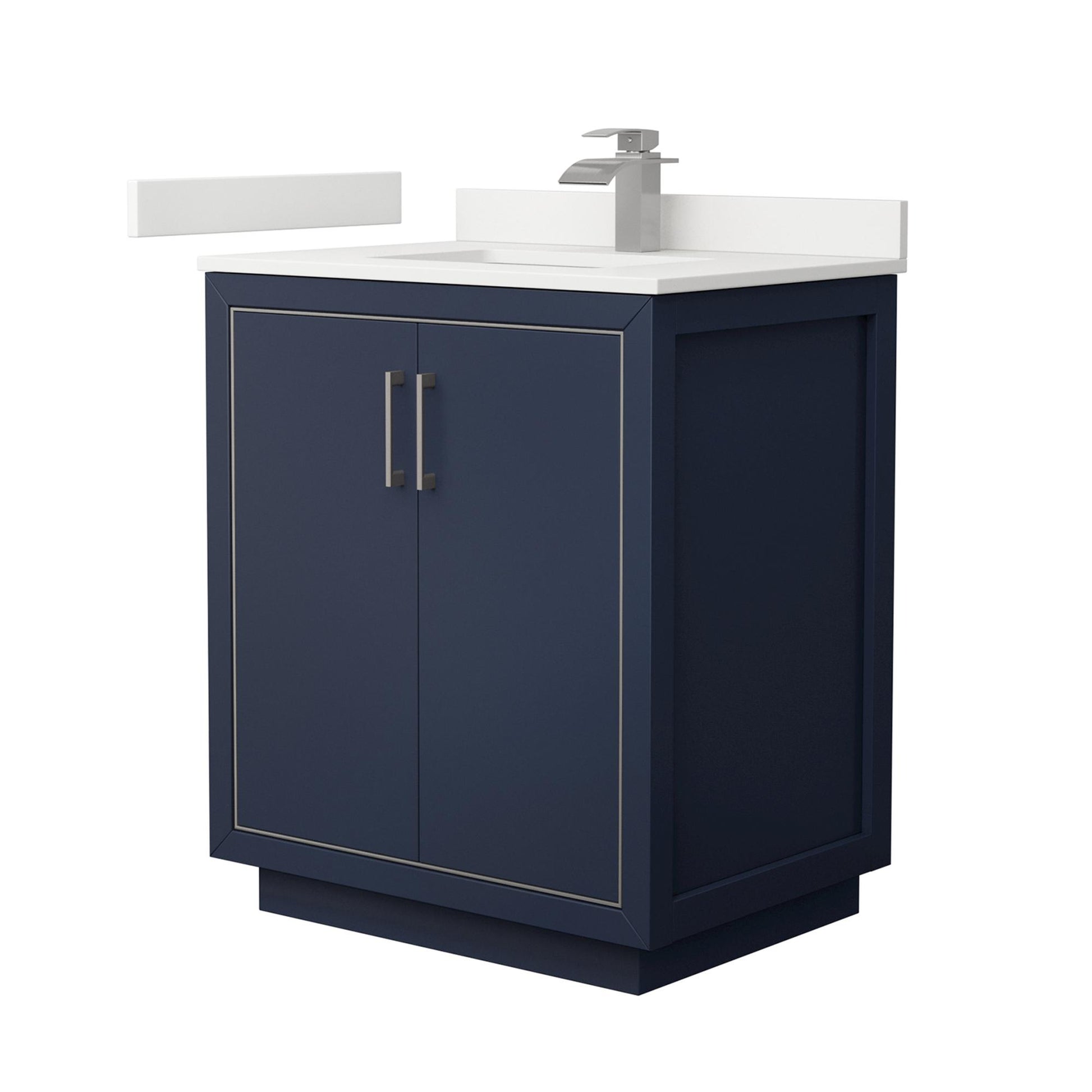 Wyndham Collection Icon 30" Single Bathroom Vanity in Dark Blue, White Quartz Countertop, Undermount Square Sink (1-Hole), Brushed Nickel Trim