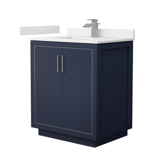 Wyndham Collection Icon 30" Single Bathroom Vanity in Dark Blue, White Quartz Countertop, Undermount Square Sink (1-Hole), Brushed Nickel Trim