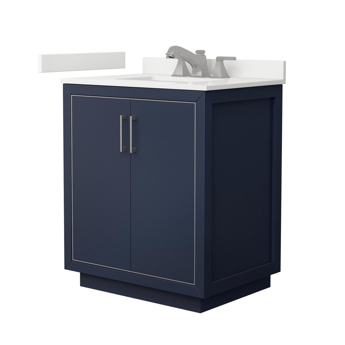 Wyndham Collection Icon 30" Single Bathroom Vanity in Dark Blue, White Quartz Countertop, Undermount Square Sink (3-Hole), Brushed Nickel Trim