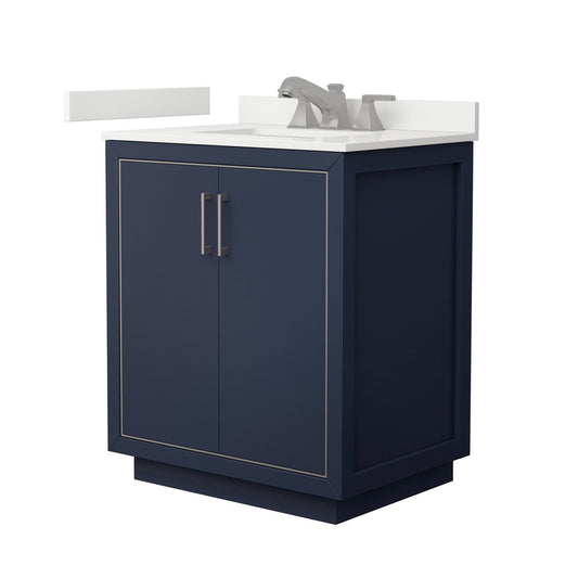 Wyndham Collection Icon 30" Single Bathroom Vanity in Dark Blue, White Quartz Countertop, Undermount Square Sink (3-Hole), Brushed Nickel Trim