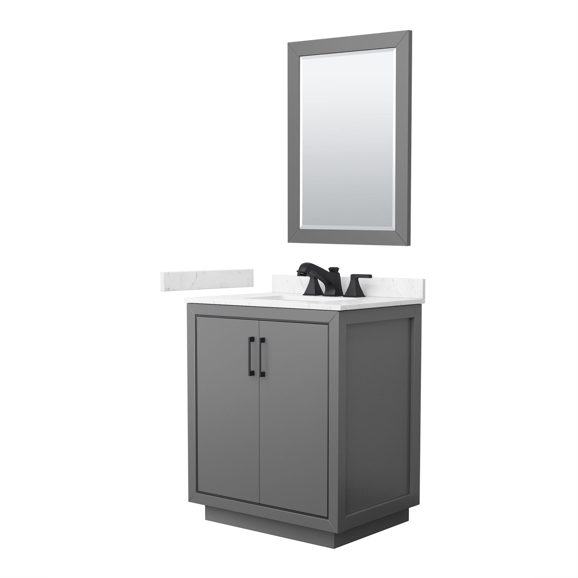 Wyndham Collection Icon 30" Single Bathroom Vanity in Dark Gray, Carrara Cultured Marble Countertop, Undermount Square Sink (3-Hole), Matte Black Trim, 24" Mirror