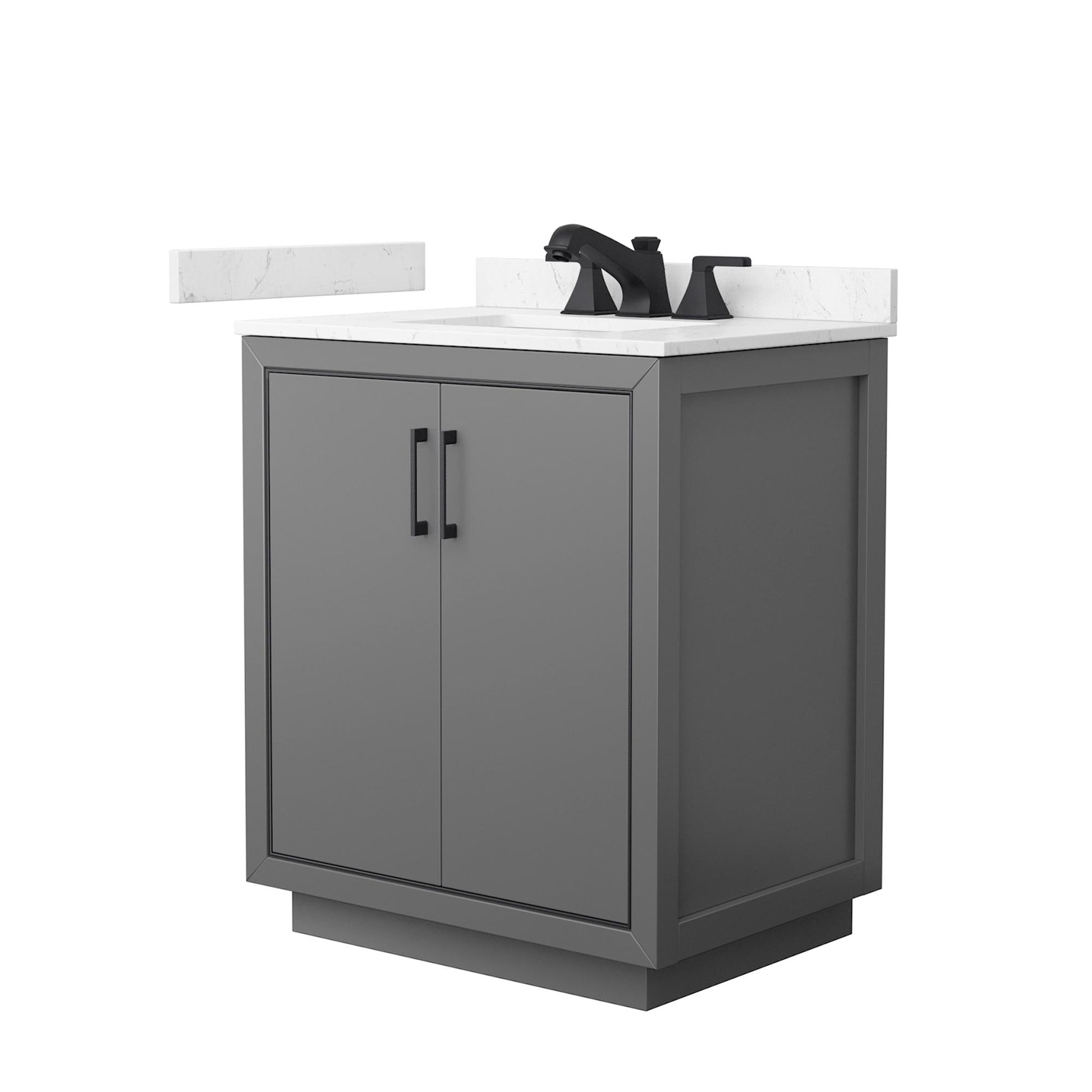 Wyndham Collection Icon 30" Single Bathroom Vanity in Dark Gray, Carrara Cultured Marble Countertop, Undermount Square Sink (3-Hole), Matte Black Trim