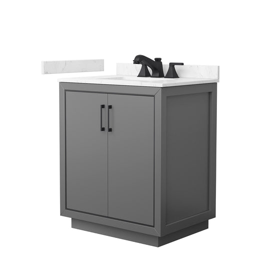 Wyndham Collection Icon 30" Single Bathroom Vanity in Dark Gray, Carrara Cultured Marble Countertop, Undermount Square Sink (3-Hole), Matte Black Trim