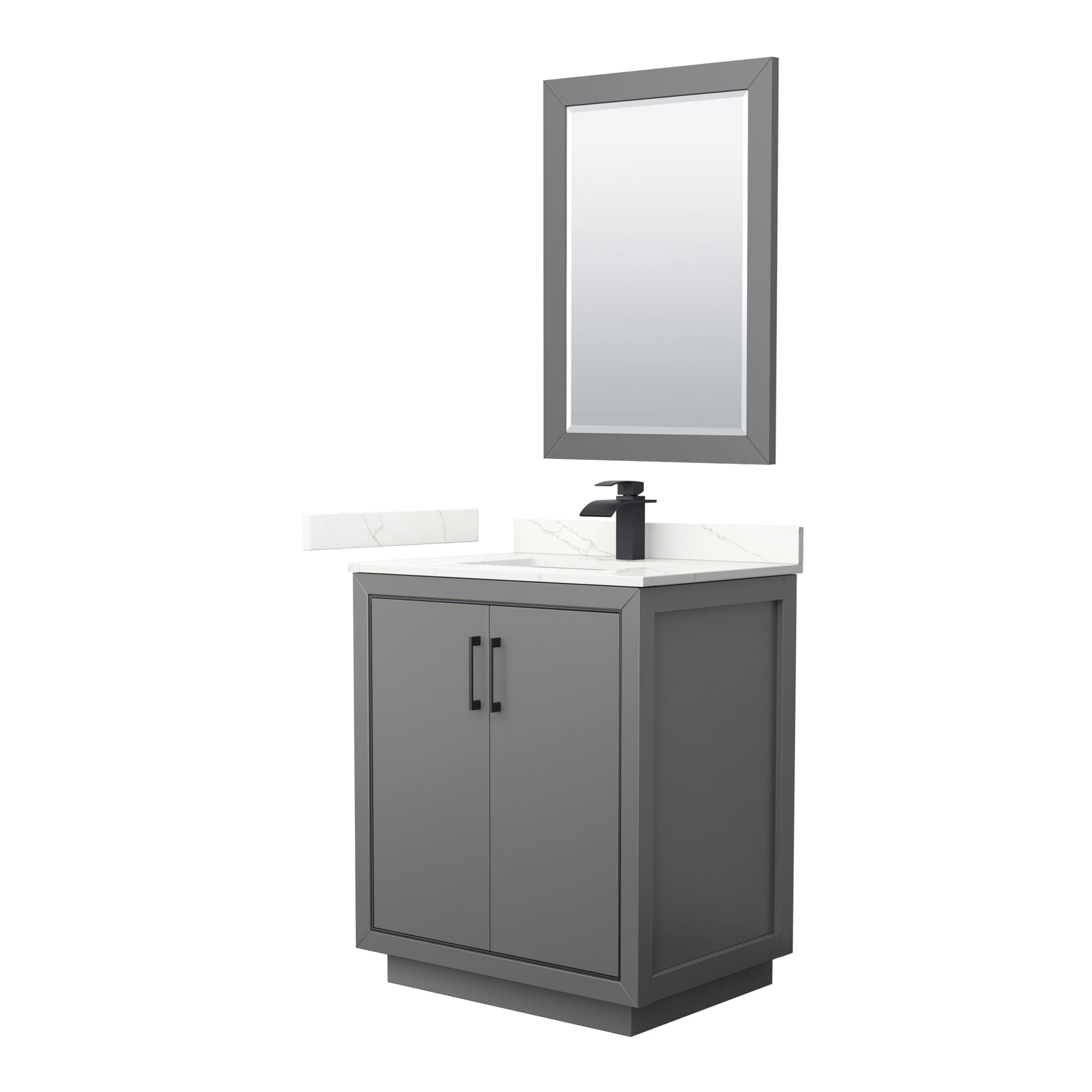 Wyndham Collection Icon 30" Single Bathroom Vanity in Dark Gray, Giotto Quartz Countertop, Undermount Square Sink (1-Hole), Matte Black Trim, 24" Mirror