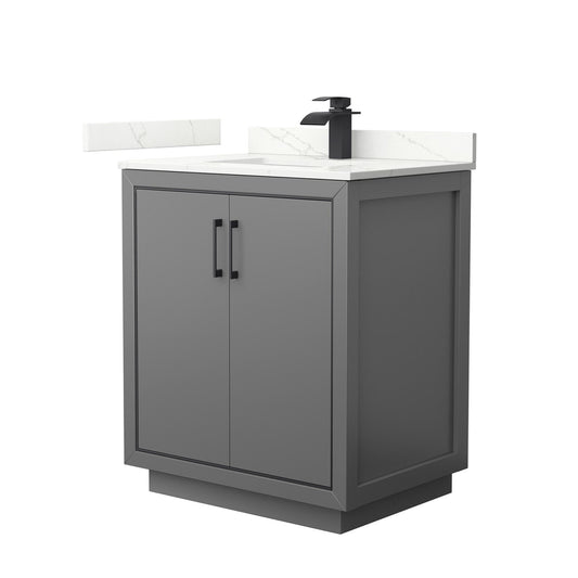 Wyndham Collection Icon 30" Single Bathroom Vanity in Dark Gray, Giotto Quartz Countertop, Undermount Square Sink (1-Hole), Matte Black Trim