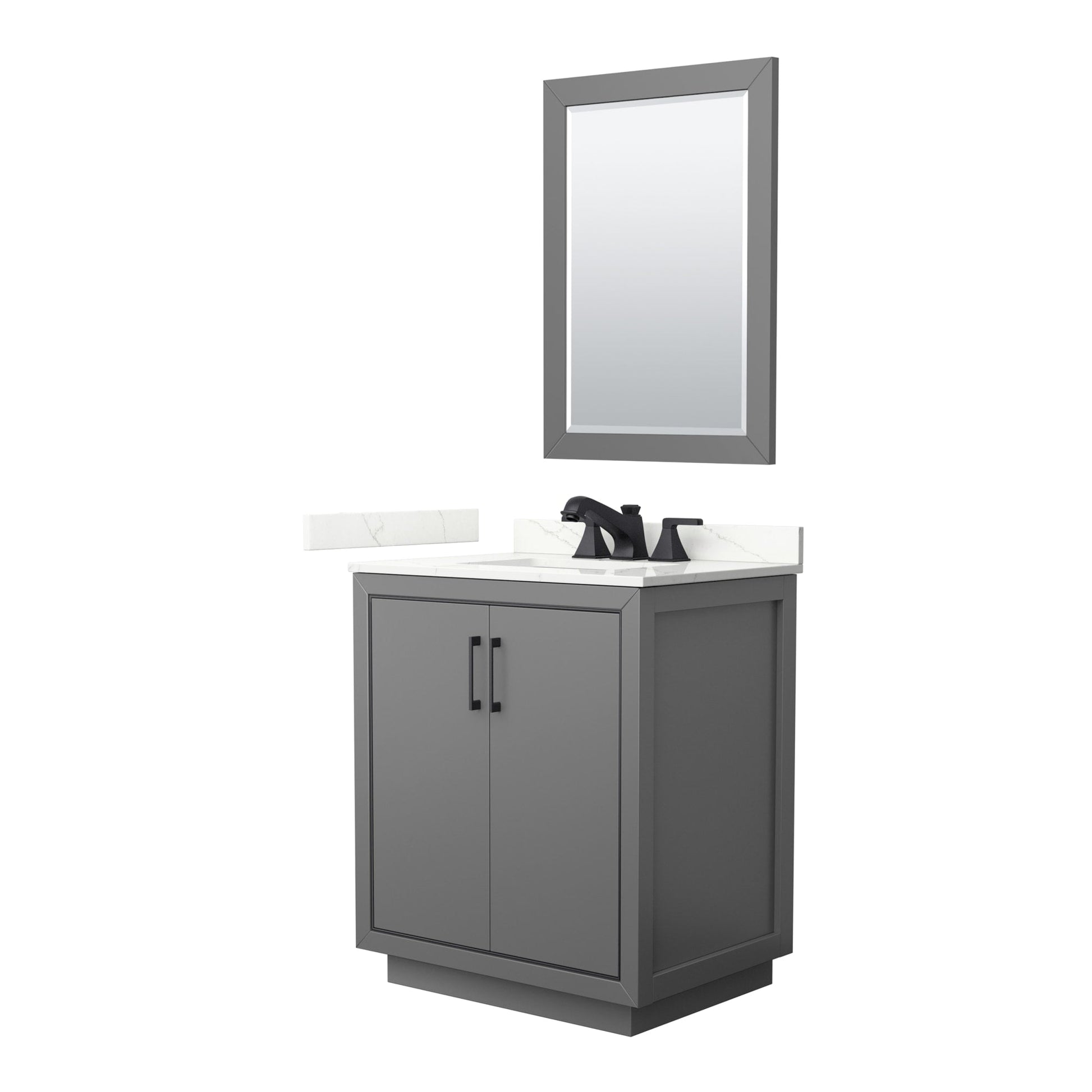 Wyndham Collection Icon 30" Single Bathroom Vanity in Dark Gray, Giotto Quartz Countertop, Undermount Square Sink (3-Hole), Matte Black Trim, 24" Mirror