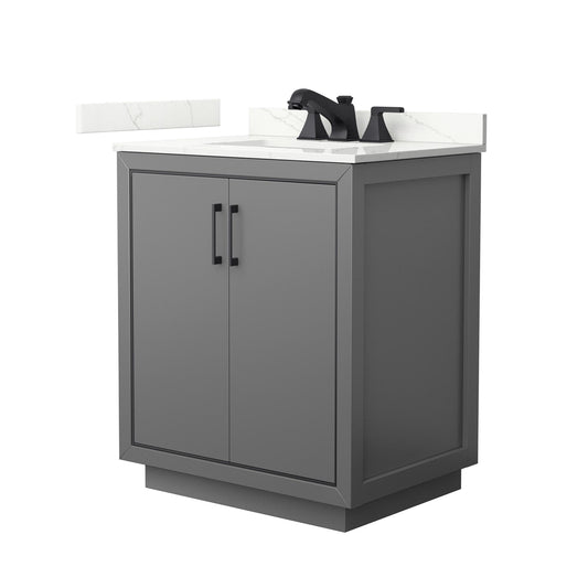 Wyndham Collection Icon 30" Single Bathroom Vanity in Dark Gray, Giotto Quartz Countertop, Undermount Square Sink (3-Hole), Matte Black Trim
