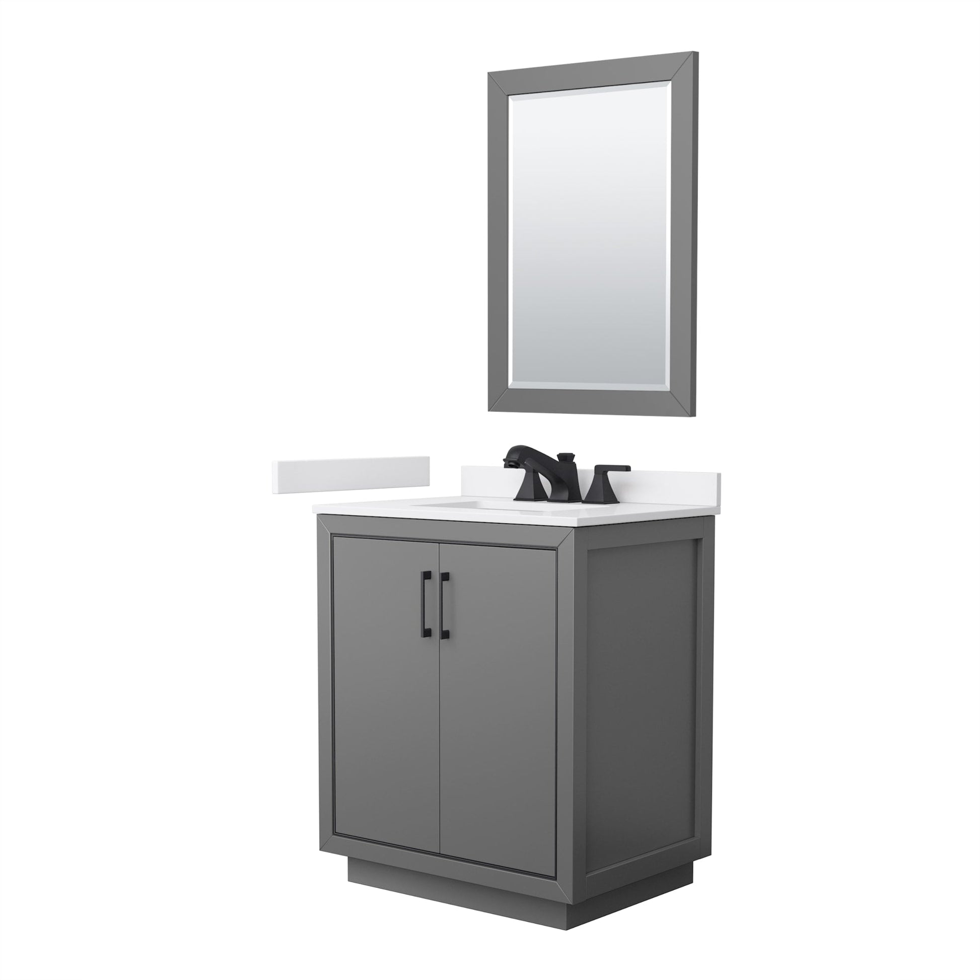 Wyndham Collection Icon 30" Single Bathroom Vanity in Dark Gray, White Cultured Marble Countertop, Undermount Square Sink (3-Hole), Matte Black Trim, 24" Mirror