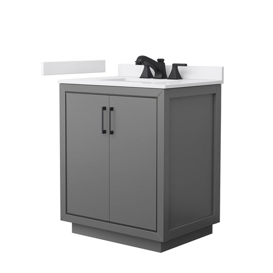 Wyndham Collection Icon 30" Single Bathroom Vanity in Dark Gray, White Cultured Marble Countertop, Undermount Square Sink (3-Hole), Matte Black Trim