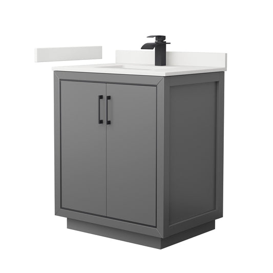 Wyndham Collection Icon 30" Single Bathroom Vanity in Dark Gray, White Quartz Countertop, Undermount Square Sink (1-Hole), Matte Black Trim