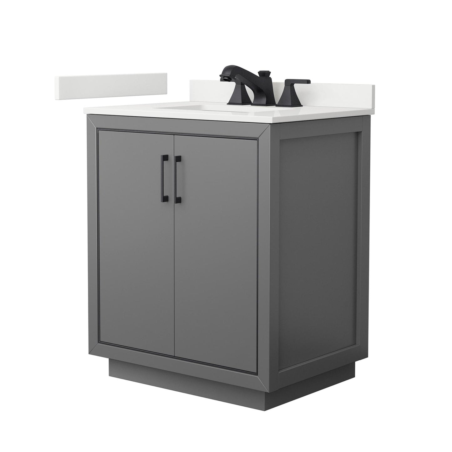 Wyndham Collection Icon 30" Single Bathroom Vanity in Dark Gray, White Quartz Countertop, Undermount Square Sink (3-Hole), Matte Black Trim