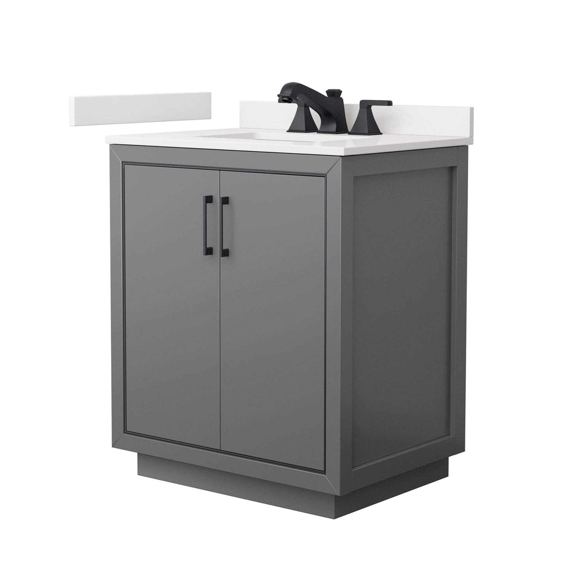 Wyndham Collection Icon 30" Single Bathroom Vanity in Dark Gray, White Quartz Countertop, Undermount Square Sink (3-Hole), Matte Black Trim