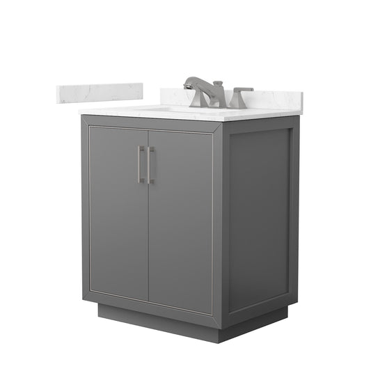 Wyndham Collection Icon 30" Single Bathroom Vanity in Dark Gray, Carrara Cultured Marble Countertop, Undermount Square Sink (3-Hole), Brushed Nickel Trim