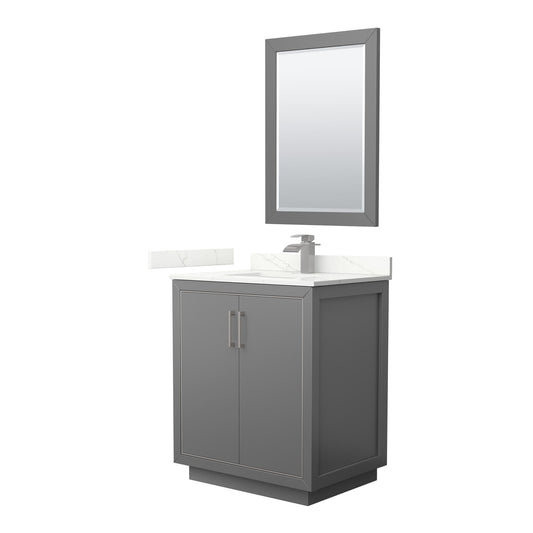 Wyndham Collection Icon 30" Single Bathroom Vanity in Dark Gray, Giotto Quartz Countertop, Undermount Square Sink (1-Hole), Brushed Nickel Trim, 24" Mirror