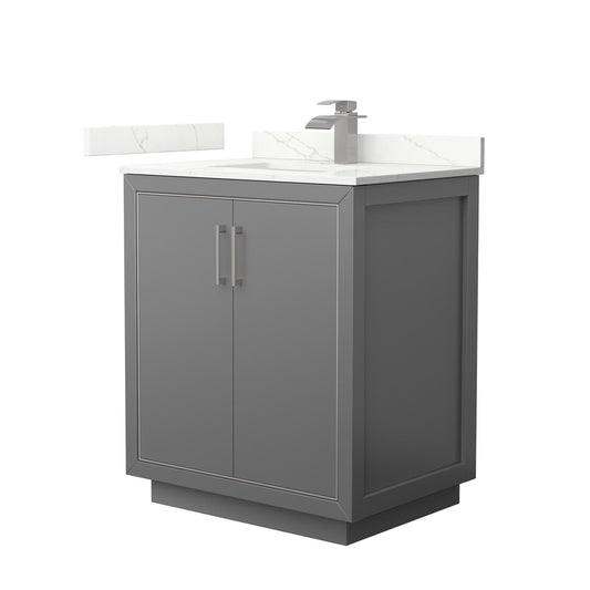 Wyndham Collection Icon 30" Single Bathroom Vanity in Dark Gray, Giotto Quartz Countertop, Undermount Square Sink (1-Hole), Brushed Nickel Trim