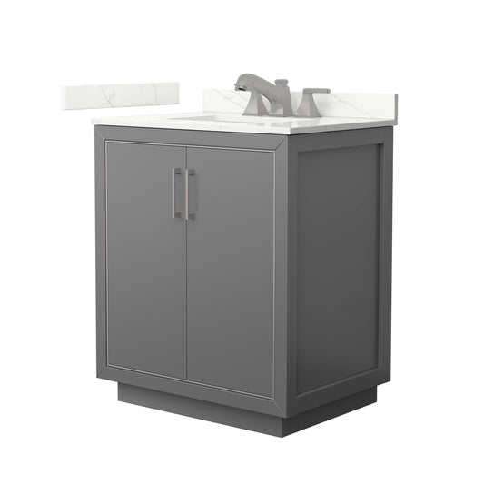 Wyndham Collection Icon 30" Single Bathroom Vanity in Dark Gray, Giotto Quartz Countertop, Undermount Square Sink (3-Hole), Brushed Nickel Trim