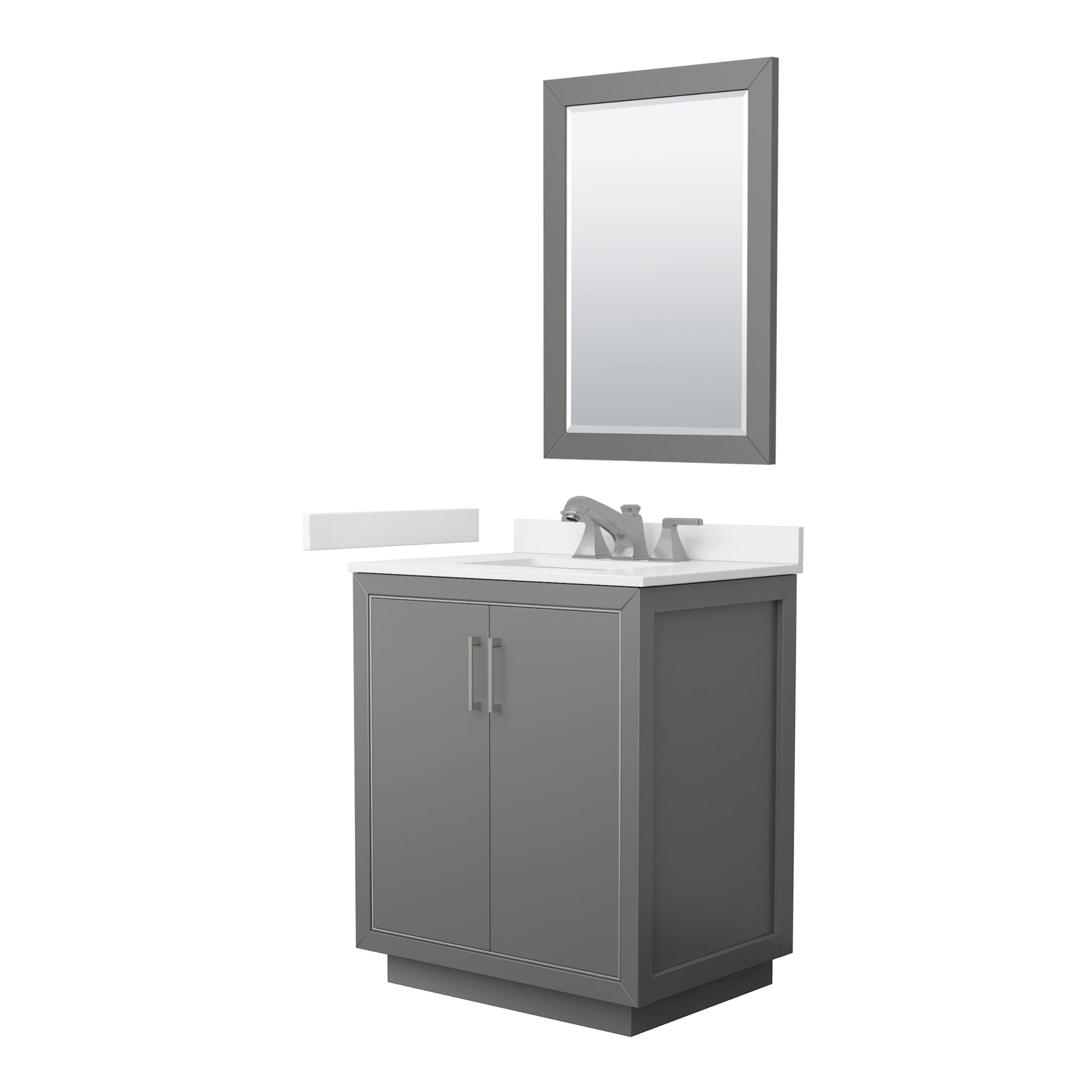 Wyndham Collection Icon 30" Single Bathroom Vanity in Dark Gray, White Cultured Marble Countertop, Undermount Square Sink (3-Hole), Brushed Nickel Trim, 24" Mirror