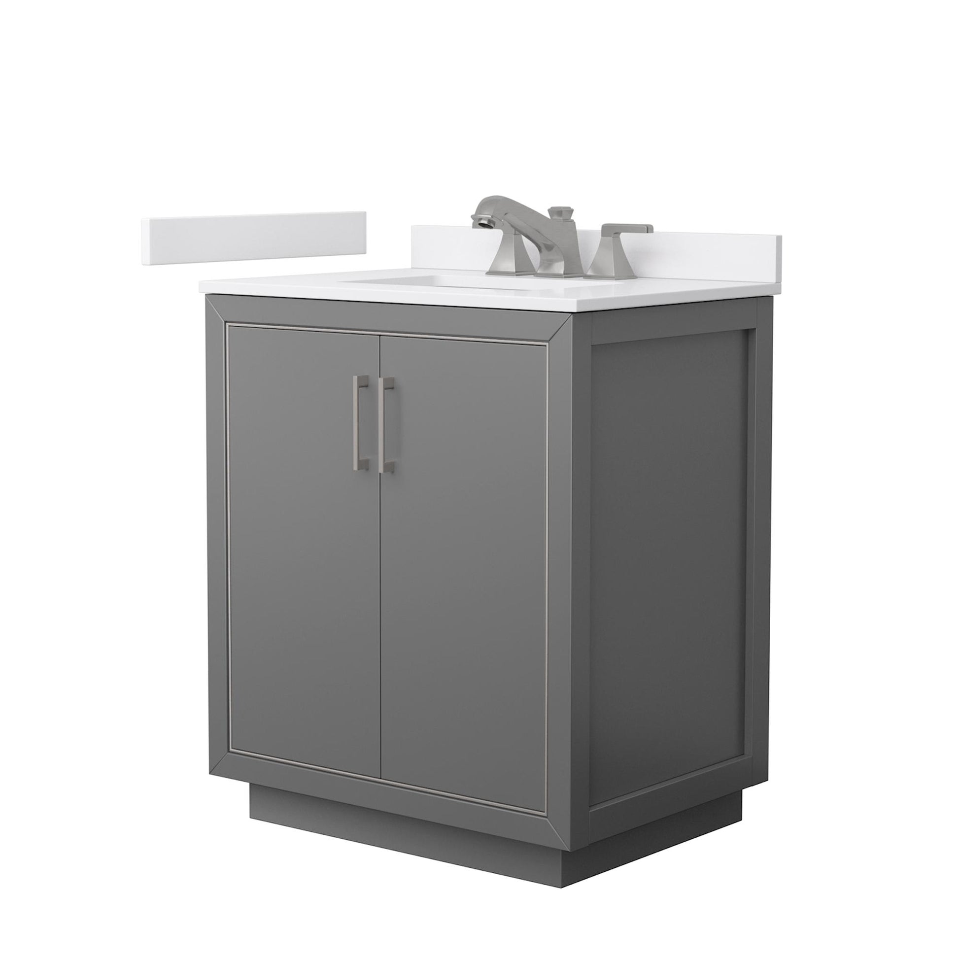 Wyndham Collection Icon 30" Single Bathroom Vanity in Dark Gray, White Cultured Marble Countertop, Undermount Square Sink (3-Hole), Brushed Nickel Trim