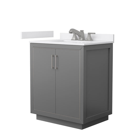 Wyndham Collection Icon 30" Single Bathroom Vanity in Dark Gray, White Cultured Marble Countertop, Undermount Square Sink (3-Hole), Brushed Nickel Trim