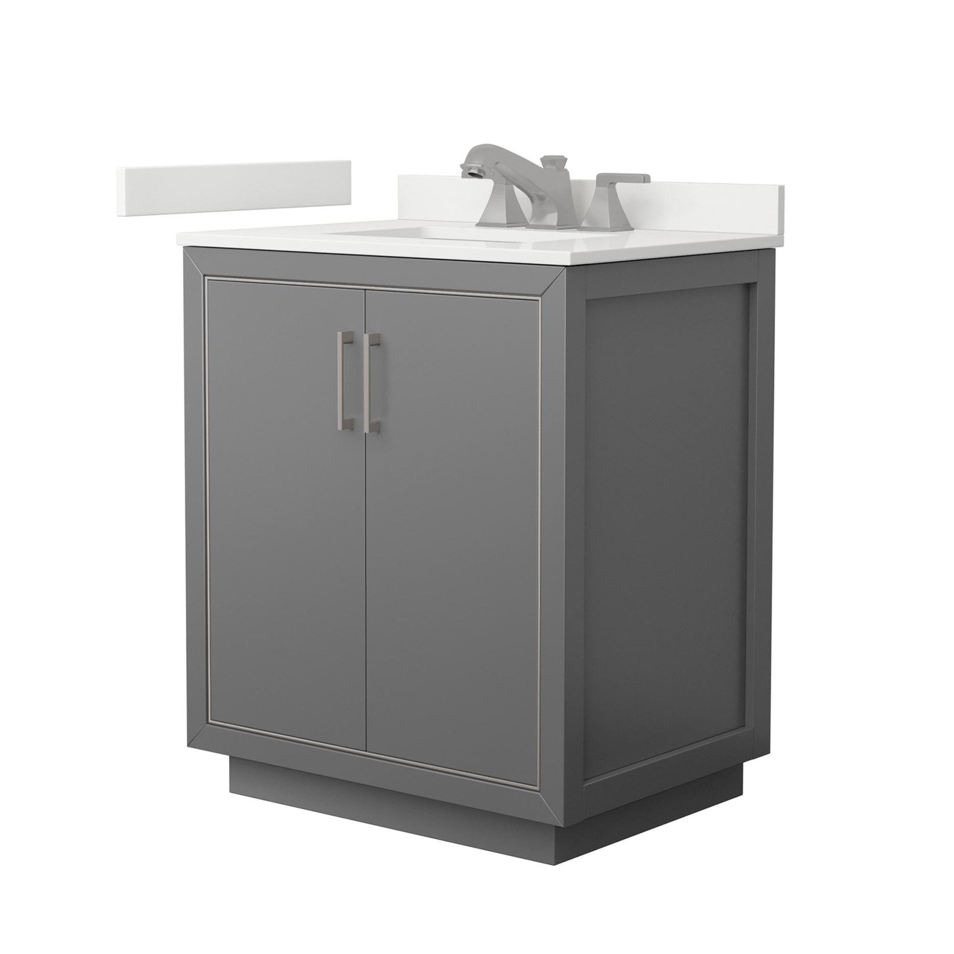 Wyndham Collection Icon 30" Single Bathroom Vanity in Dark Gray, White Quartz Countertop, Undermount Square Sink (3-Hole), Brushed Nickel Trim