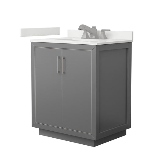 Wyndham Collection Icon 30" Single Bathroom Vanity in Dark Gray, White Quartz Countertop, Undermount Square Sink (3-Hole), Brushed Nickel Trim