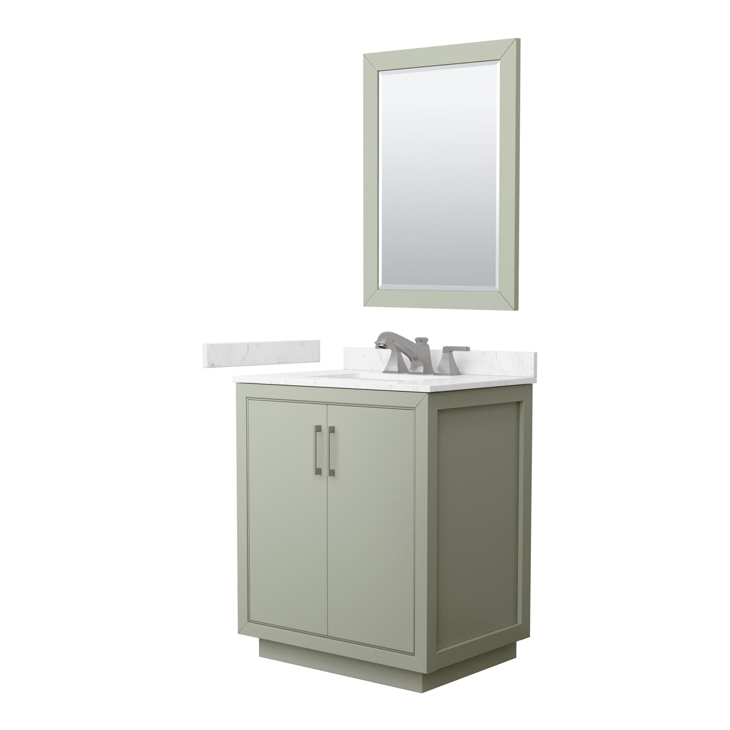 Wyndham Collection Icon 30" Single Bathroom Vanity in Light Green, Carrara Cultured Marble Countertop, Undermount Square Sink (3-Hole), Brushed Nickel Trim, 24" Mirror