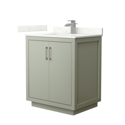 Wyndham Collection Icon 30" Single Bathroom Vanity in Light Green, Giotto Quartz Countertop, Undermount Square Sink (1-Hole), Brushed Nickel Trim