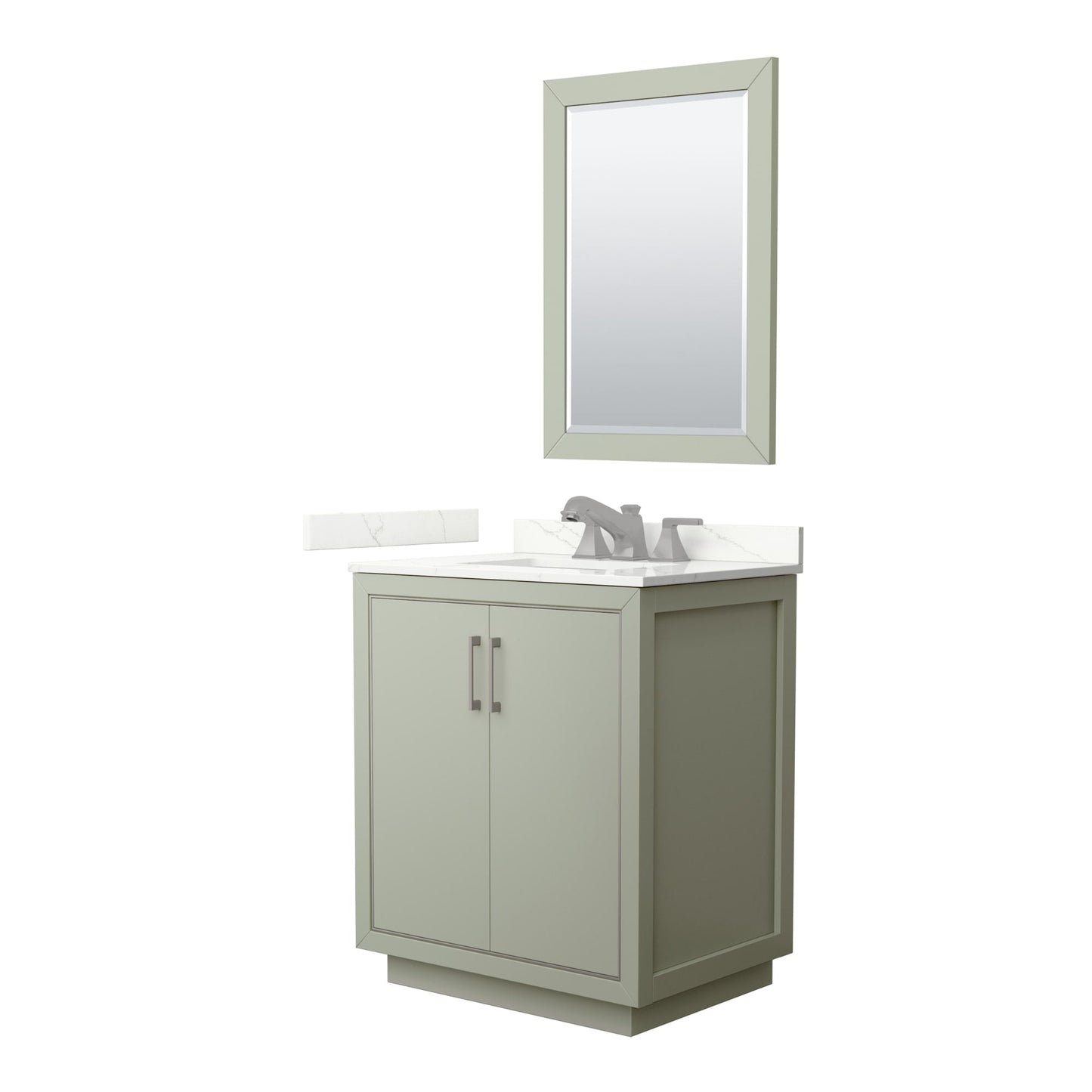 Wyndham Collection Icon 30" Single Bathroom Vanity in Light Green, Giotto Quartz Countertop, Undermount Square Sink (3-Hole), Brushed Nickel Trim, 24" Mirror