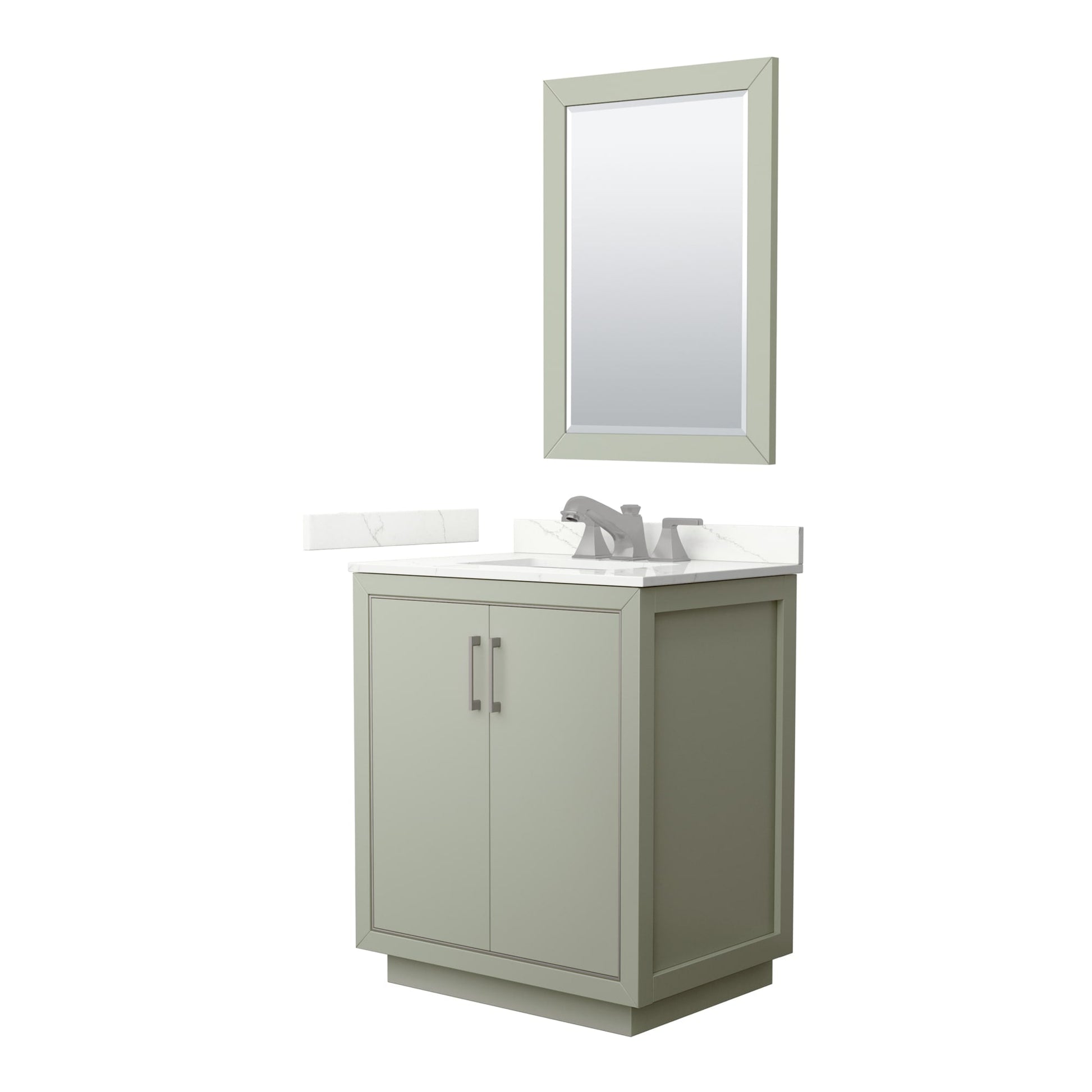 Wyndham Collection Icon 30" Single Bathroom Vanity in Light Green, Giotto Quartz Countertop, Undermount Square Sink (3-Hole), Brushed Nickel Trim, 24" Mirror