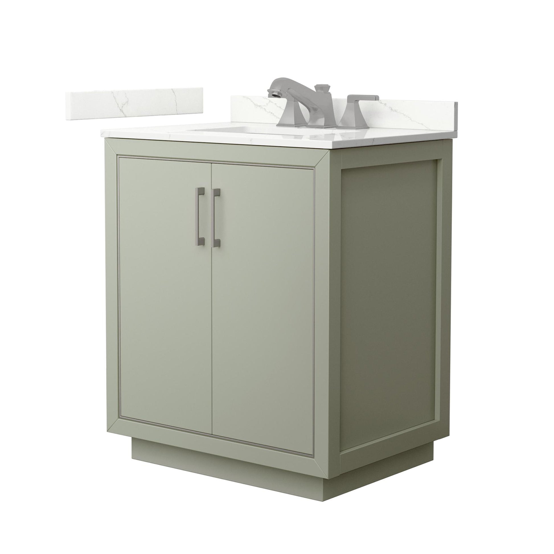 Wyndham Collection Icon 30" Single Bathroom Vanity in Light Green, Giotto Quartz Countertop, Undermount Square Sink (3-Hole), Brushed Nickel Trim