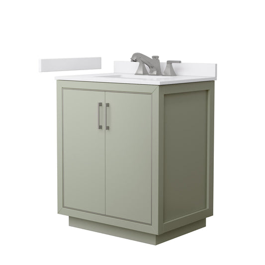 Wyndham Collection Icon 30" Single Bathroom Vanity in Light Green, White Cultured Marble Countertop, Undermount Square Sink (3-Hole), Brushed Nickel Trim