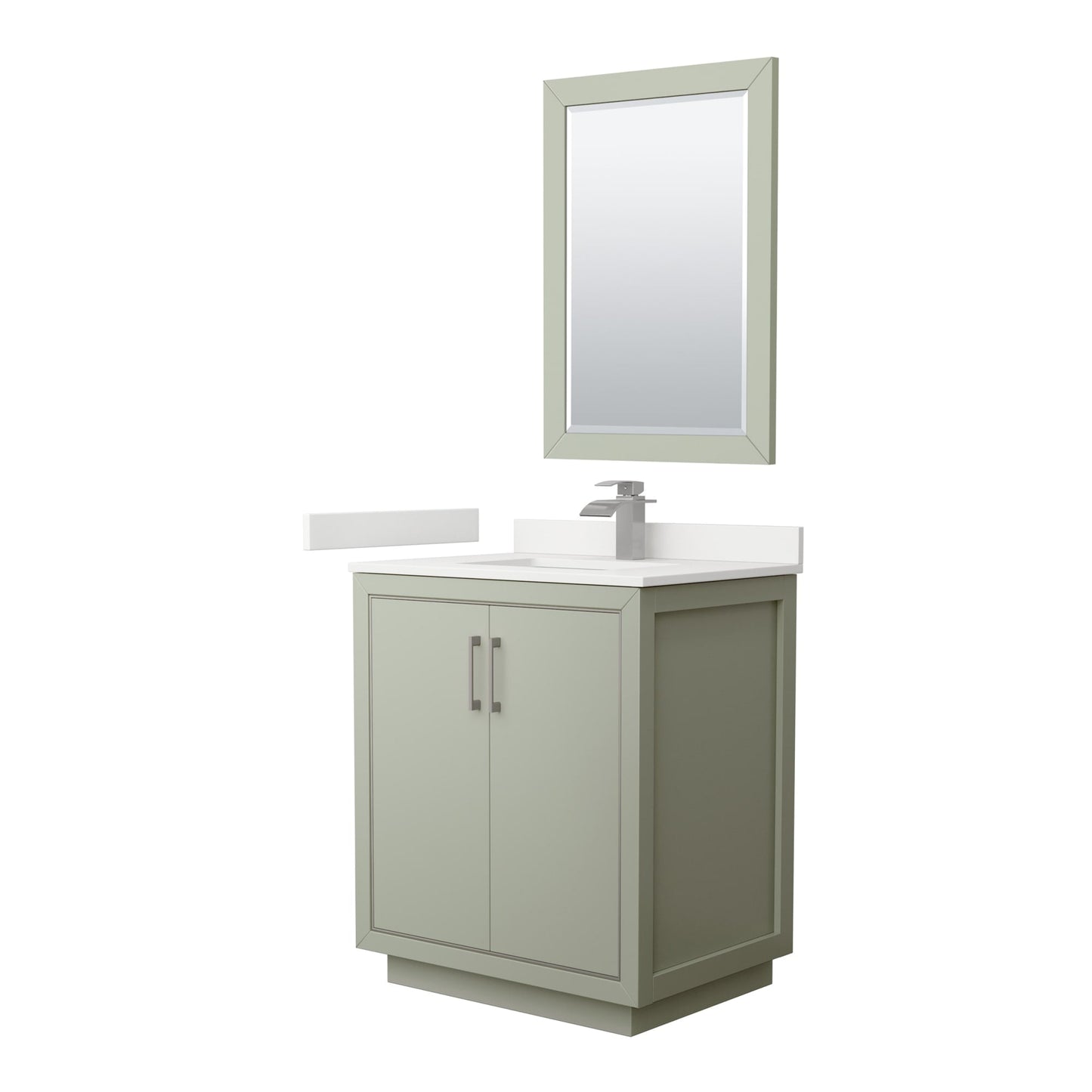Wyndham Collection Icon 30" Single Bathroom Vanity in Light Green, White Quartz Countertop, Undermount Square Sink (1-Hole), Brushed Nickel Trim, 24" Mirror