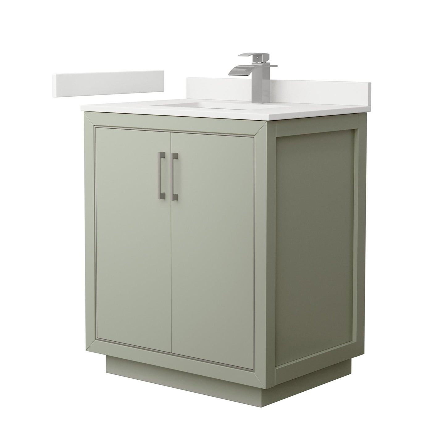 Wyndham Collection Icon 30" Single Bathroom Vanity in Light Green, White Quartz Countertop, Undermount Square Sink (1-Hole), Brushed Nickel Trim
