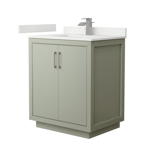 Wyndham Collection Icon 30" Single Bathroom Vanity in Light Green, White Quartz Countertop, Undermount Square Sink (1-Hole), Brushed Nickel Trim