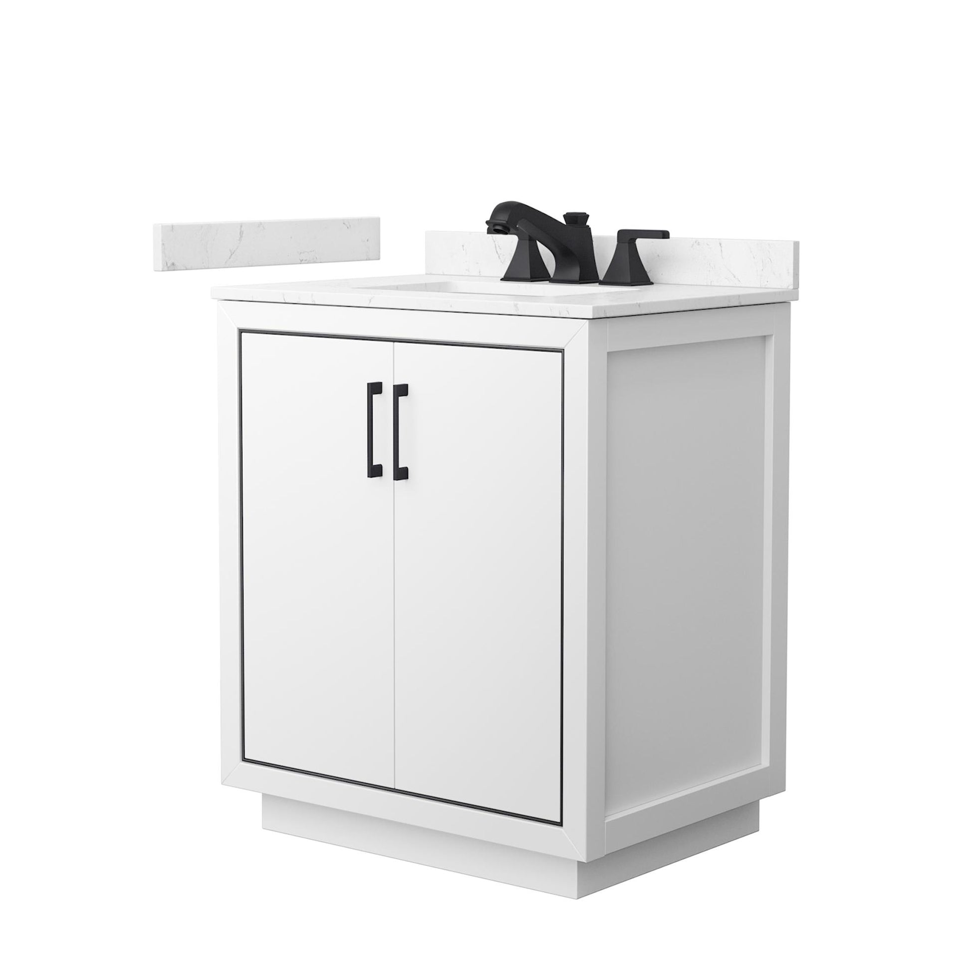 Wyndham Collection Icon 30" Single Bathroom Vanity in White, Carrara Cultured Marble Countertop, Undermount Square Sink (3-Hole), Matte Black Trim