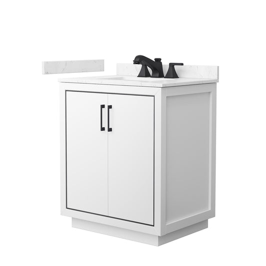Wyndham Collection Icon 30" Single Bathroom Vanity in White, Carrara Cultured Marble Countertop, Undermount Square Sink (3-Hole), Matte Black Trim