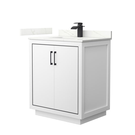 Wyndham Collection Icon 30" Single Bathroom Vanity in White, Giotto Quartz Countertop, Undermount Square Sink (1-Hole), Matte Black Trim