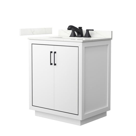 Wyndham Collection Icon 30" Single Bathroom Vanity in White, Giotto Quartz Countertop, Undermount Square Sink (3-Hole), Matte Black Trim