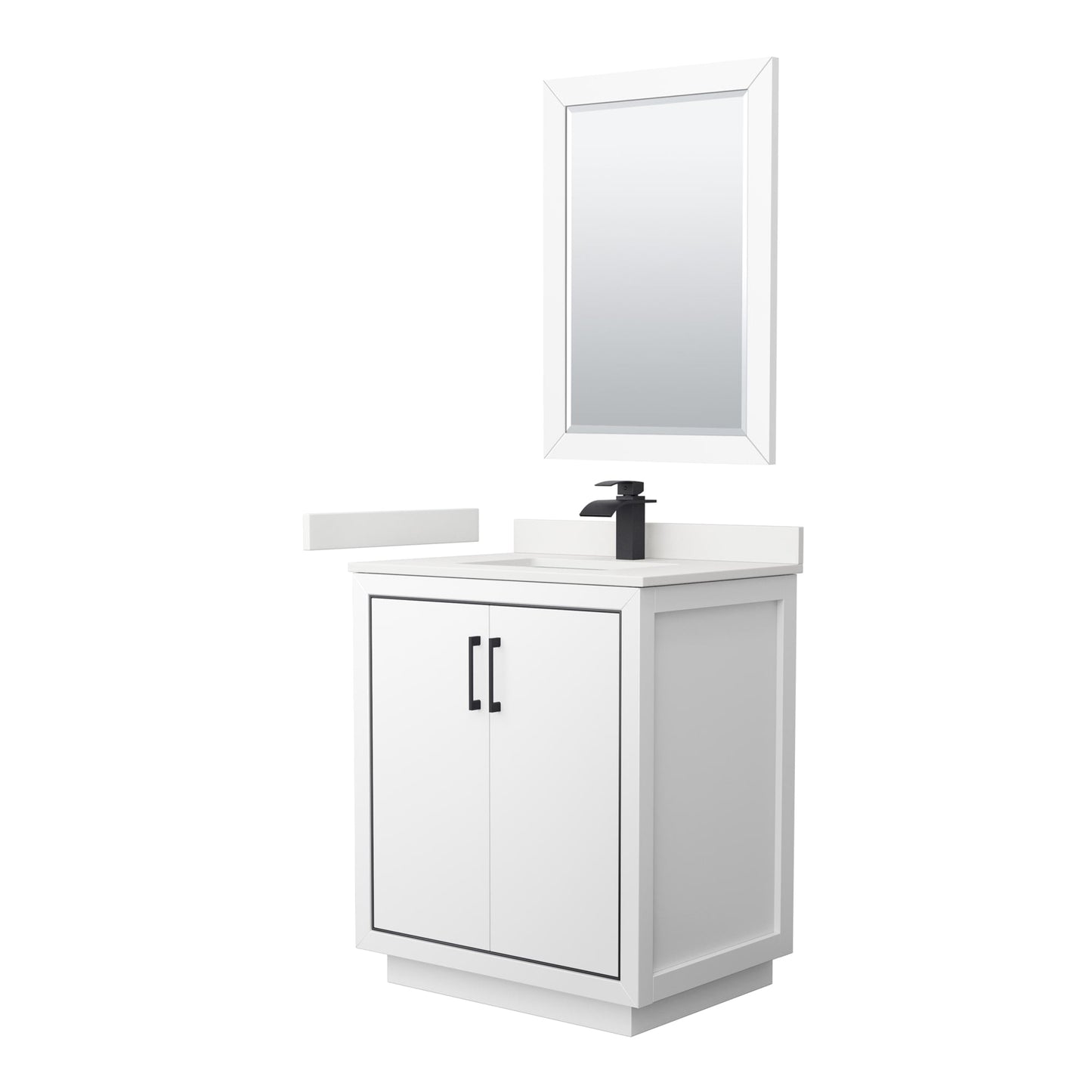 Wyndham Collection Icon 30" Single Bathroom Vanity in White, White Quartz Countertop, Undermount Square Sink (1-Hole), Matte Black Trim, 24" Mirror